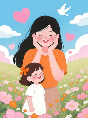 Mother and daughter in the meadow with flowers. Vector illustration.の写真素材