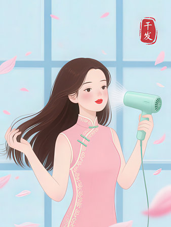 Chinese New Year. Girl with hair dryer and cherry blossomの写真素材