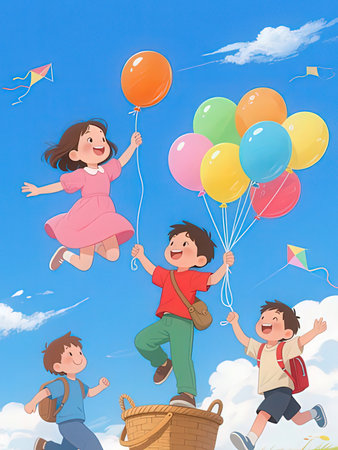 Happy children playing with balloons in the sky. Vector cartoon illustration.の写真素材
