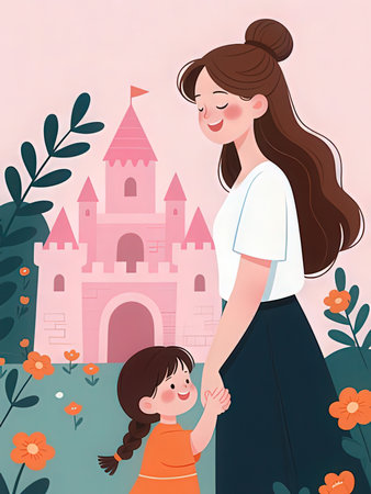 Mother and daughter in front of a castle. Vector illustration in cartoon style.の写真素材