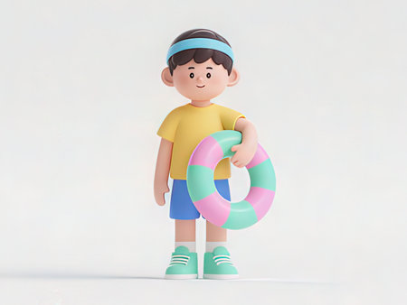 3d illustration of a boy with an inflatable ring in his handの写真素材
