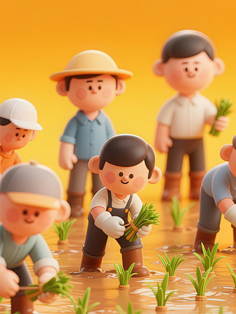 farmer planting seedling in rice field. 3d illustration.の写真素材