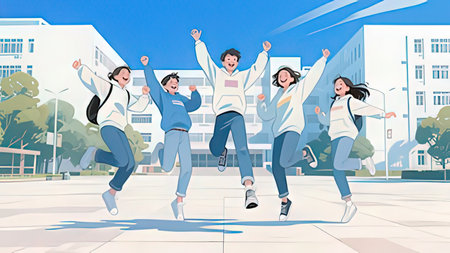Group of happy students jumping and running in the city. Vector illustration.の写真素材