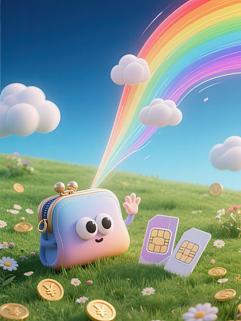 Suitcase on the grass with coins and a rainbow in the skyの写真素材