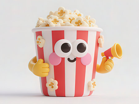 3d render of popcorn character with megaphone on white backgroundの写真素材