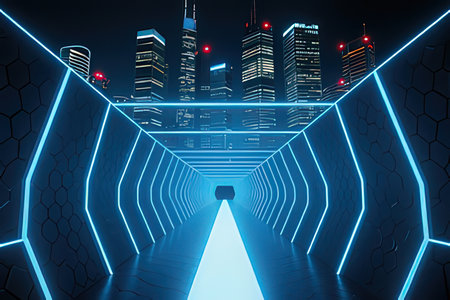 Abstract futuristic dark corridor with glowing neon lights and city view, 3D renderingの写真素材