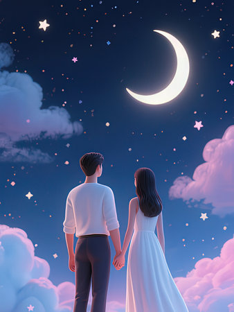 Couple holding hands and looking at the night sky with stars. 3D rendering