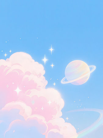 Fantasy sky with planets and stars, clouds and sun, illustrationの写真素材