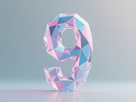 3d rendering of a number 9 in low poly style on blue backgroundの写真素材