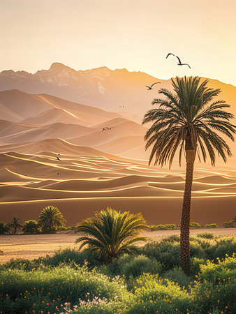 Oasis in the Sahara desert with palm trees and mountains in Moroccoの写真素材