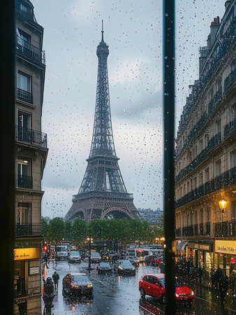 Eiffel Tower in rainy day, Paris, Franceの写真素材