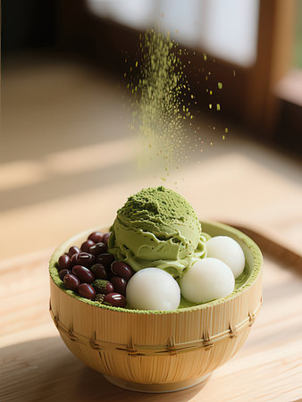 Green tea ice cream in bamboo bowl with chocolate candies on wooden table