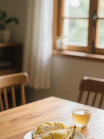 Durian and tea on wooden table in coffee shop, stock photoの写真素材