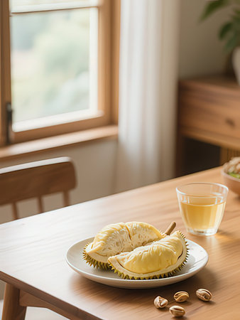 Durian and tea on wooden table in the morning. Selective focus.の写真素材