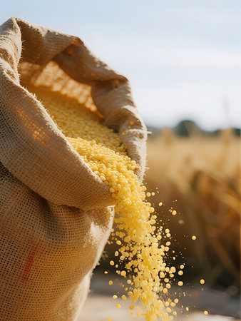 Farmer is harvesting corn on a field. Selective focus.の写真素材