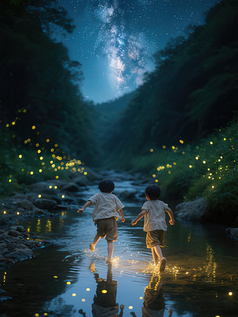 Two little boys holding hands and walk in the river with night sky