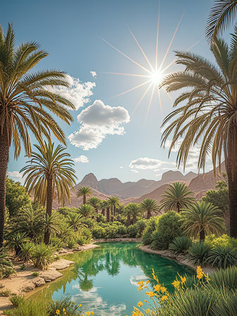 Beautiful landscape with palm trees and lake in desert.