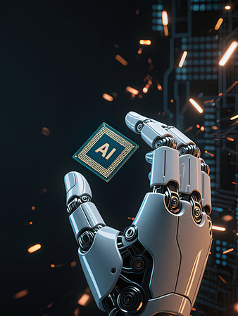 3d rendering robotic hand holding microchip in front of city background