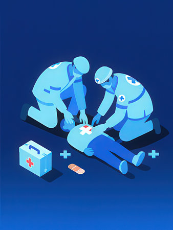 First aid kit and two doctors. Medical care concept. Vector illustration.