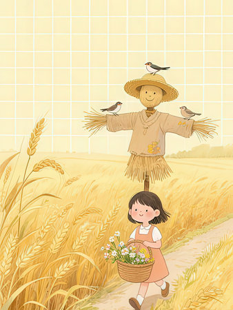 Illustration of a girl in a wheat field with a scarecrowの写真素材