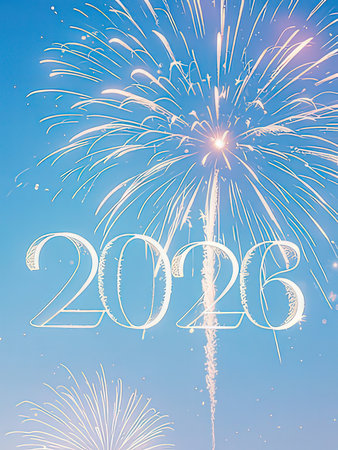 Happy New Year 2026 with fireworks on blue sky background, vector illustration