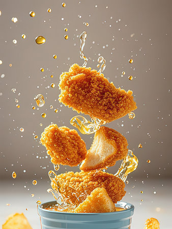 Falling breadcrumbs into a cup of juice. 3d renderingの写真素材