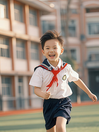 Happy asian school boy running in the school yard with happy faceの写真素材