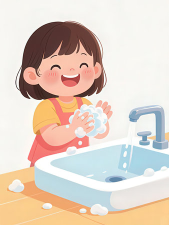 Cute little girl washing hands with soap and water in the bathroomの写真素材