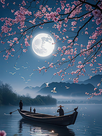 Cherry blossom and full moon in full moon night with boatの写真素材