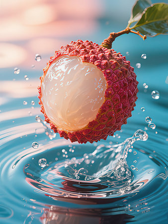 Fresh lychee fruit falling into water with splash and ripplesの写真素材