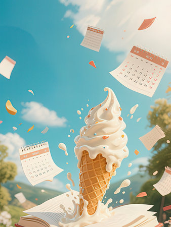 Ice cream in waffle cone and calendar on blue sky background. Summer conceptの写真素材
