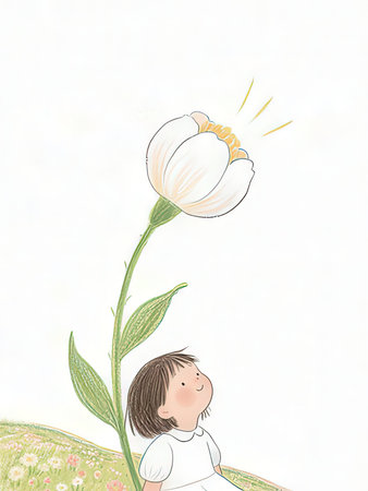 Illustration of a little girl with a flower on a white backgroundの写真素材