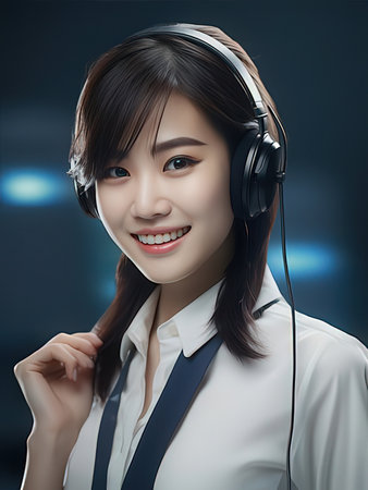 Portrait of asian customer support phone operator in headset smiling at cameraの写真素材
