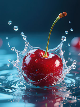 Cherry in water splashes on a dark blue background. 3d rendering