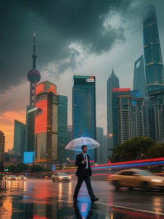 Businessman with umbrella walking on the road in Shanghai, China.の写真素材