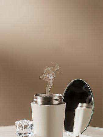 Coffee cup with smoke on a beige background. 3d rendering