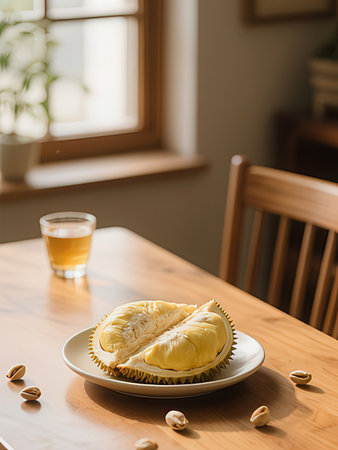 Durian fruit on white plate and glass of tea on wooden table.の写真素材