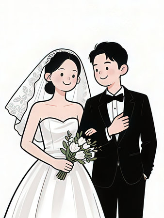 Wedding Couple Illustration, Bride and Groom on White Backgroundの写真素材