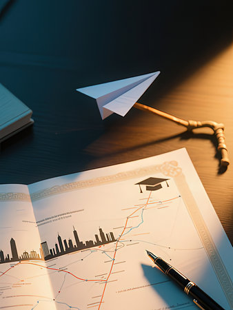 Paper plane and notebook on table in office. 3D rendering.の写真素材