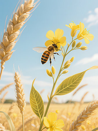 Bee on yellow flower and wheat field with blue sky, nature background