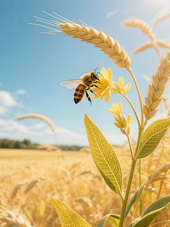 Bee on yellow flower in wheat field with blue sky and sun.
