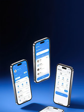 Smartphones with messenger app on blue background. 3D rendering.