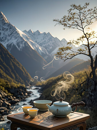 Tea set on table in front of beautiful mountain landscape at sunset.の写真素材