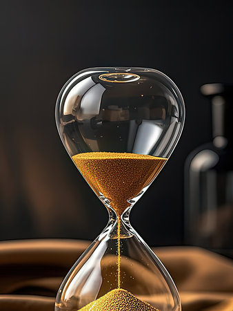Hourglass with flowing sand on a dark background. 3d rendering
