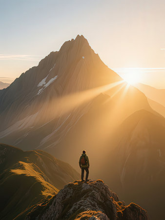 Hiker on the top of the mountain at sunrise. Alps, Switzerlandの写真素材