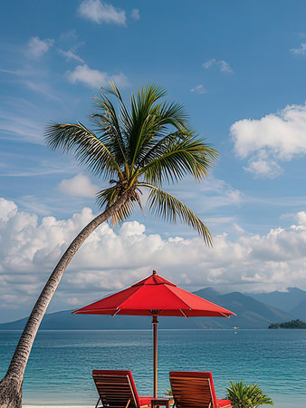 Coconut palm tree with sun loungers on the beachの写真素材