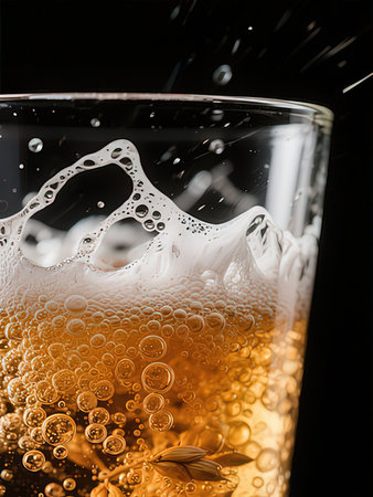 Glass of beer with foam and bubbles on a black background close upの写真素材