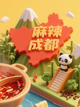 3D illustration of the Chinese lunar new year theme with a panda in a restaurantの写真素材