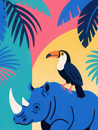 Tropical background with rhinoceros and toucan.の写真素材