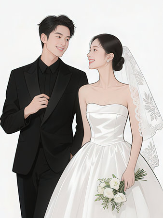 Wedding couple in a white dress on a white background.の写真素材